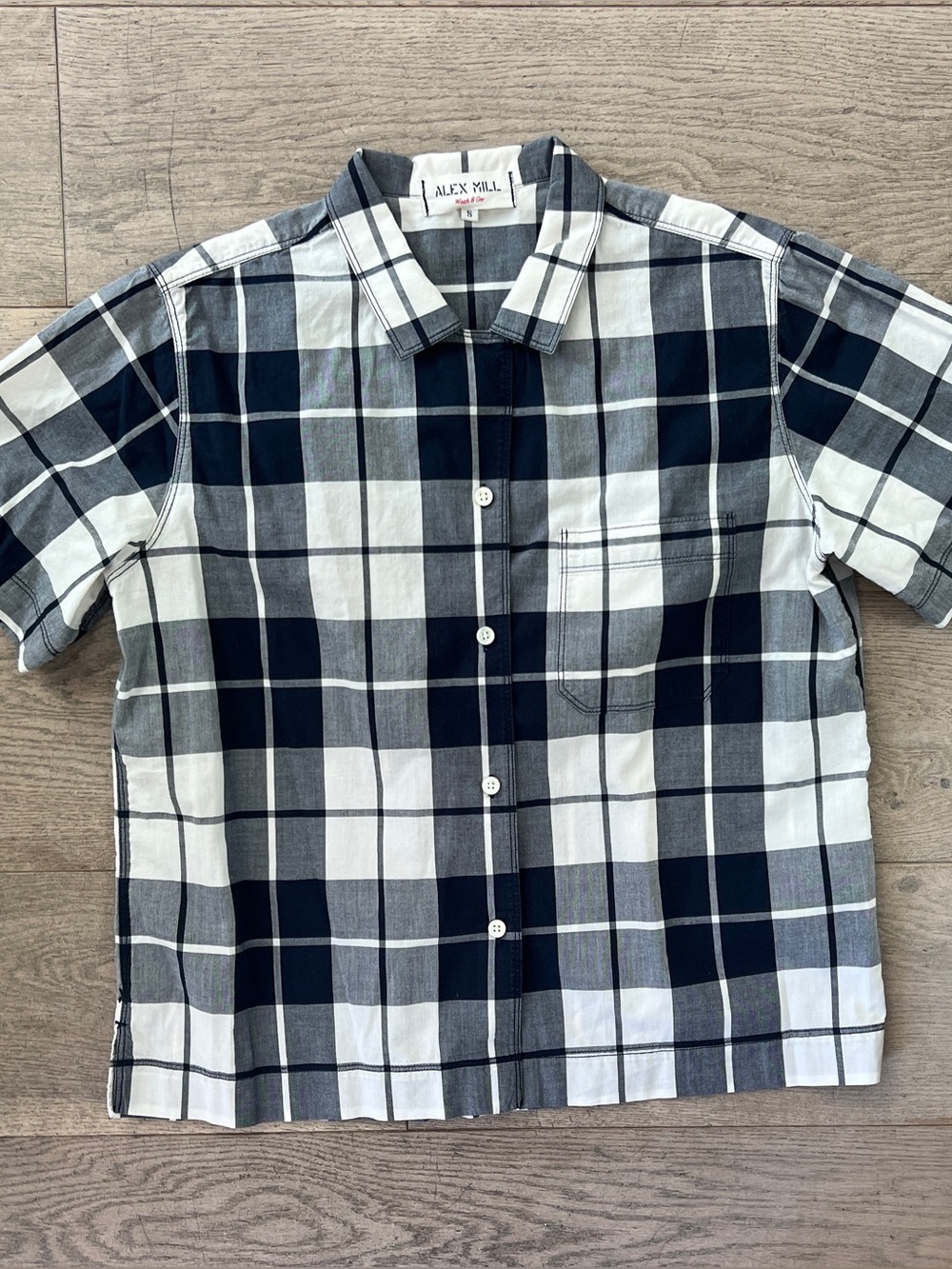 Alex Mill Wash & Go Women’s Size S Navy White Plaid Short Sleeve Button-Up Shirt